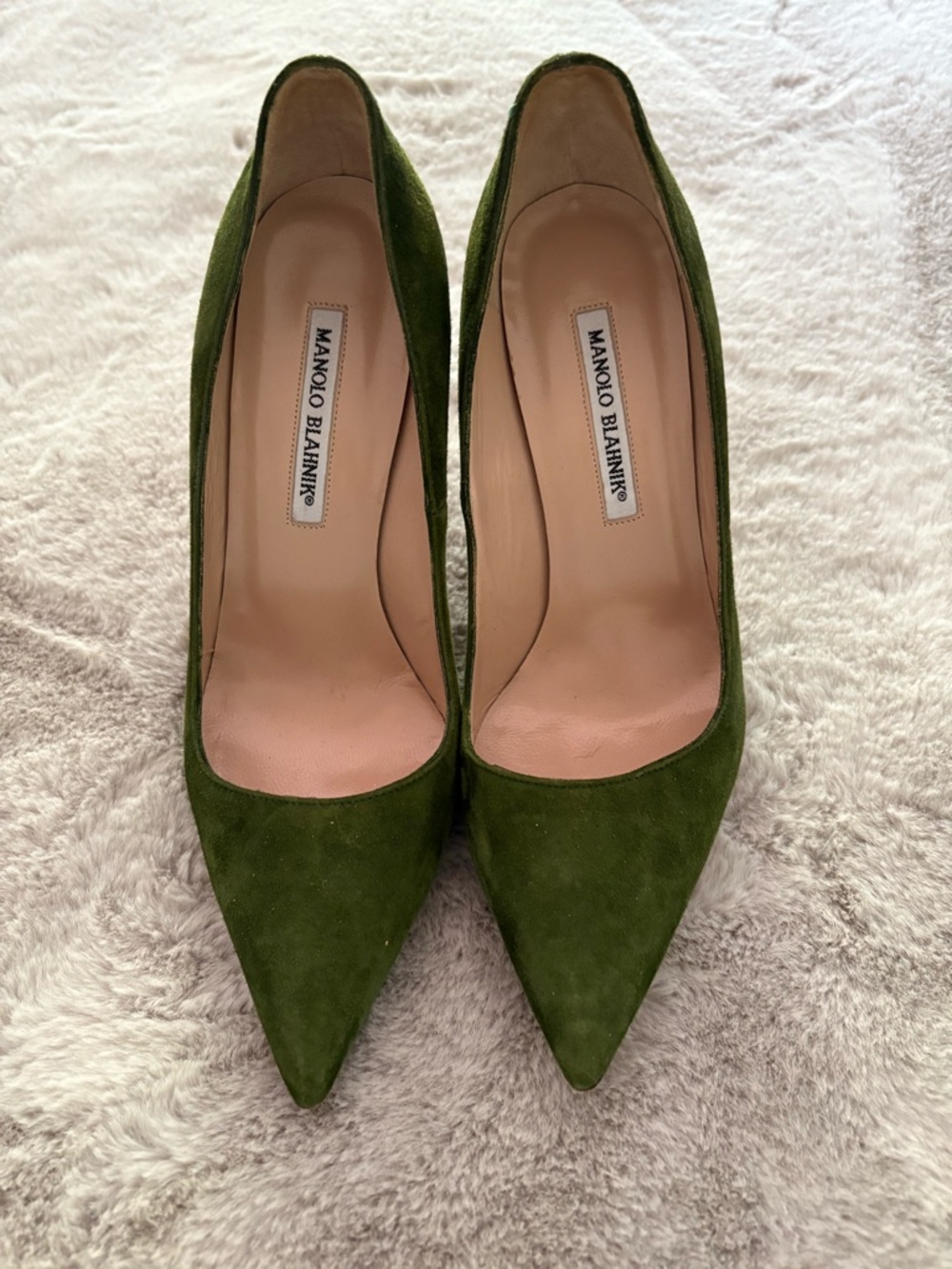 Manolo Blahnik Green Suede Pointed-Toe Pumps